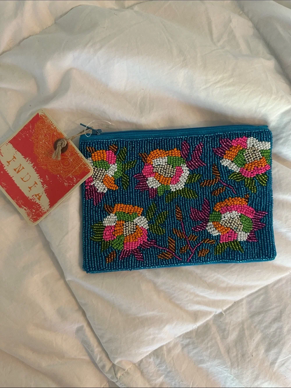 Made in India - Beaded Floral Zip Pouch - Teal